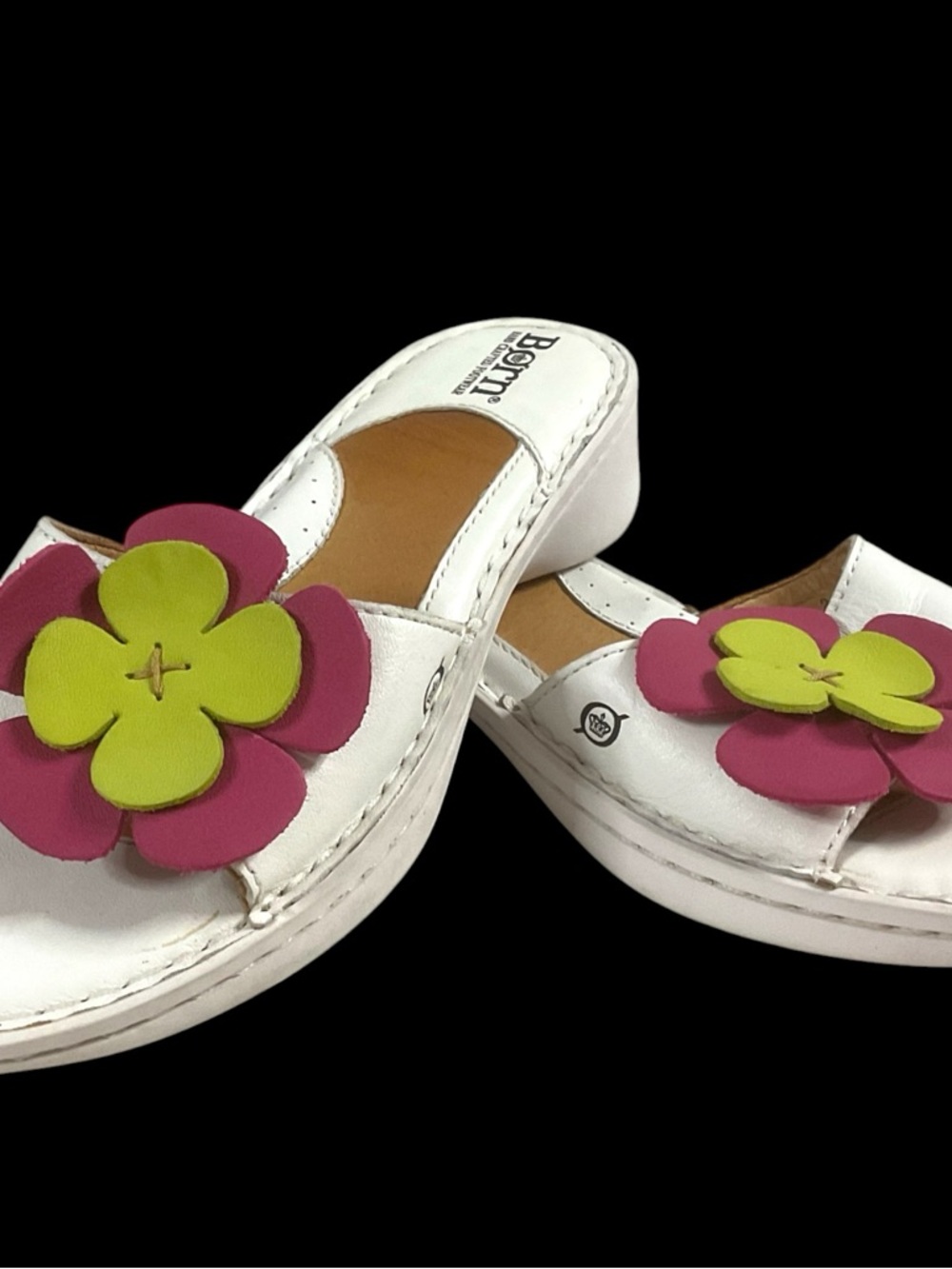 Born White Leather Slide Sandals/Pink & Lime Flower Appliqués Big Girls Size 2